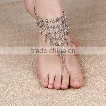 Silver Tone Carved Flower Waterdrop Bell Tassel Simple Finger Anklet Foot Chain