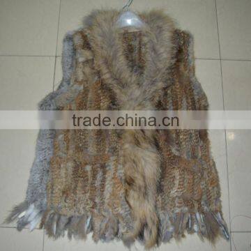 SJ005-02 Natural Women Fur Garment Rabbit with Raccoon Fur Trimming Woman Winter Vest