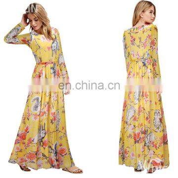 OEM Plus Size Latest Autumn Long Sleeve Printed Chiffon Dress Wholesale Women Dress