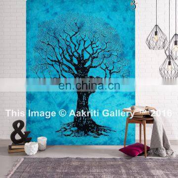 Indian Tapestry Dry Tree Black and Turquoise Boho Throw, Mandala Wall Hanging Tapestry For Home decor