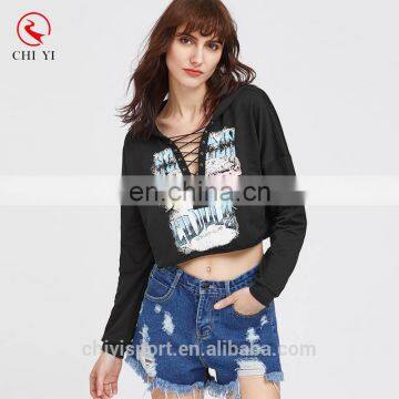 Graphic Printing Crop Criss Cross Sweatshirt Lace Up Plunging Sublimated Hoodies