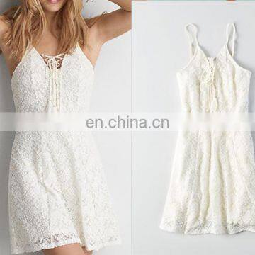 Mika72096 100% Nylon Summer Sexy elegant V-neck Slim Fit Lace White Dress With Tassel ties