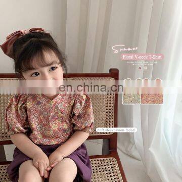 X1230/Floral High Quality Kids V-neck Short Sleeve t Shirt Summer Latest Design Sweet Elegant Kids Top