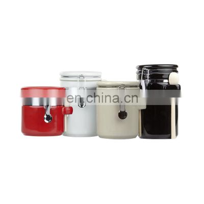 airtight high quality kitchenware airtight vacuum kitchen ceramic condiment food coffee storage jar canister set with lid spoon