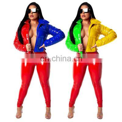 2021 Women Winter Coats Women Long Sleeve Shiny Jackets Down Coats Patchwork Women Puffer Bubble Girl Coats Crop top