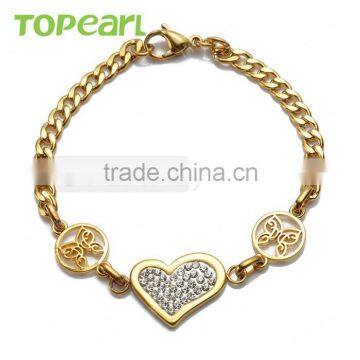 Topearl Jewelry Women Heart Butterfly Bracelet Stainless Steel Gold Bracelet Curb Chain Bracelet 8.5 Inch MEB62