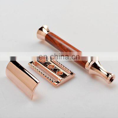 best selling  rose gold chrome durable reusable  eo-friendly metal razor double edge natural wood handle shaving safety razor