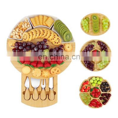 Bamboo Round Charcuterie Boards Cheese Board and Knife Set Meat Platter with 4 knives Cheese Cutting Board Set