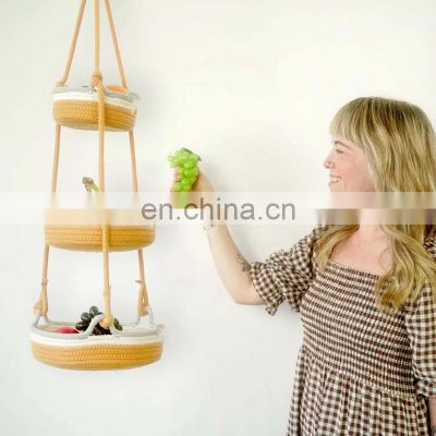 Hot Sale Cotton Rope Hanging Fruit Basket Boho Three Tier Hanging Basket Vietnam Supplier Cheap Wholesale