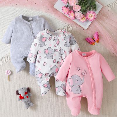 3pcs Newborn Baby's Cartoon Moon & Cloud Pattern Footed Bodysuit, Casual Comfy Long Sleeve Romper, Toddler & Infant Girl's Onesie, As Gift