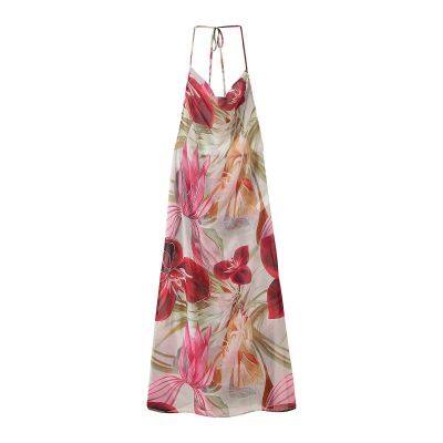 2025 Spring New European and American Beaded Printed Sexy Backless Hanging Neck French Split Dress