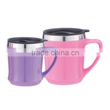 Reusable Inner stainless steel outer plastic coffee cup with handle