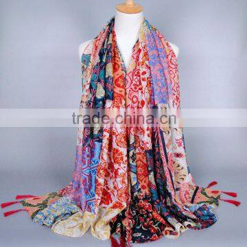 Wholesale New Lady Fashion Patch Printed Cotton Scarf With Tassel