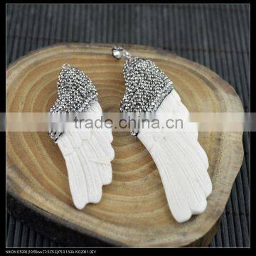 LFD-0061P ~ Wholesale White Color Bull Bone Carved Wings shape Pendants With Crystal Rhinestone Paved Pendant,