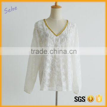 sequin v neck white lace long sleeve spring autumn blouse                        
                                                                                Supplier's Choice