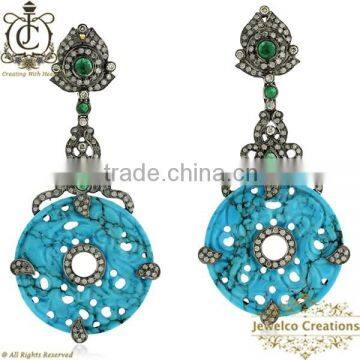 Turquoise Gemstone Carving Earrings, 925 Sterling Silver Diamond Earrings, Pave Round Dang Jewelry, Carving Jewelry Wholesaler