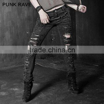 K-134 broken-hole black cowboy punk rave black high waist trousers