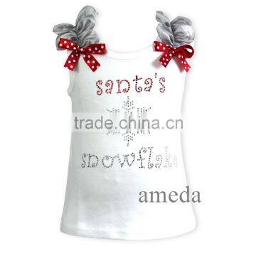 Christmas Rhinestone Santa's Snowflake Silver Ruffles White Tank Top