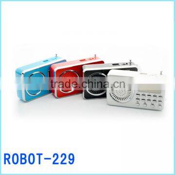 Robot-229 2014 hot portable card speaker,repeat play,fm radio usb sd card reader speaker