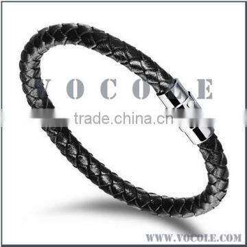 Thin black woven leather bracelet for girls silver stainless steel jewelry