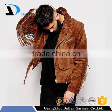 2016 top selling fashionable design brown men tassel with zip faux suede motorbike jacket