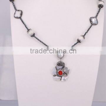 Charm White Shell Gem Necklace, with 3mm Black Hematite Beads Necklace, Flower Shell Pendant Fashion Gemstone Necklace