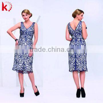 Sleeveless knee-length V-neck blue lace alibaba dresses