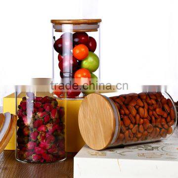 Wholesale heat borosilicate kitchen glass jars with wooden lid QM3370