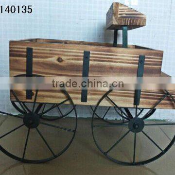 XY140135 old fashioned Wooden Wagon vintage country cart Flower plant pot stand Planter yard Decor Antique Golden