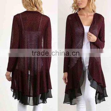 Stylish Girls Women Fashion Burgundy Layered Open Cardigan with Ruffle Hem Polyester Rayon Spandex Cardigan Wholesale