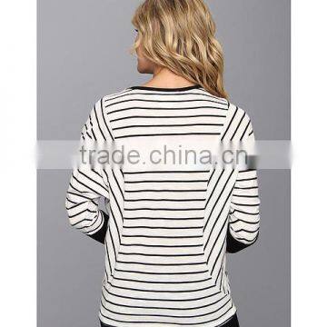 Women White Black Stripe Fleece Scoop Neckline With Sweater-stitch at Front Three-quarter Length Dolman Sleeves Sweater Fleece photo-4