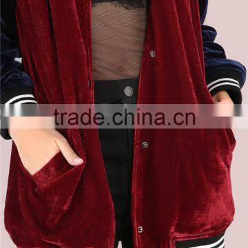 MGOO Burgundy Contrast Raglan Sleeve Velvet Longline Button Bomber Jacket With Striped Trim photo-2
