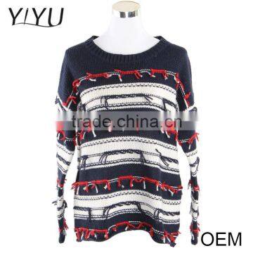 Best xmas sweater,strip knitted pattern round neck christmas sweater with tassel