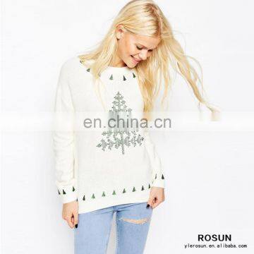 Women Embroidered Christmas Trees Pattern Ugly Christmas Jumper Sweater