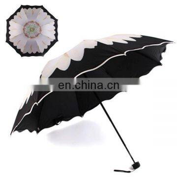 Daisy pattern balck umbrella,cheap 3 fold UV protection umbrella