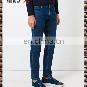 Blue elastic cotton straight jeans front button five pocket slim design men's pants