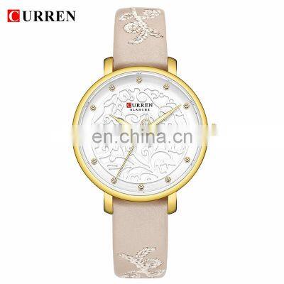 CURREN 9046 Women Simple Flower Pattern Elegant Watches Ultra Thin Dial Quartz Leather Fashion Wristwatch