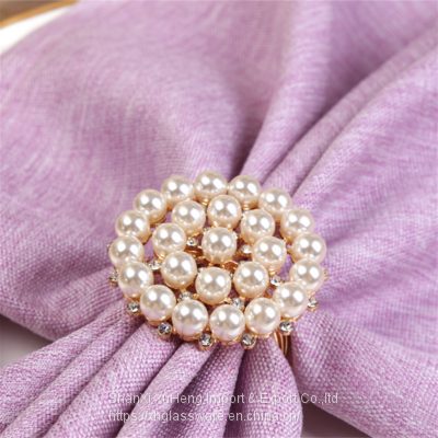 Factory Custom Rhinestone Gold Silver Napkin Ring With White Pearl Decoration