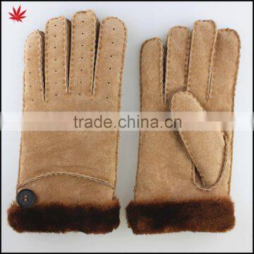 Ladies Double Face Sheepskin Leather Gloves With Button and Fake Fur