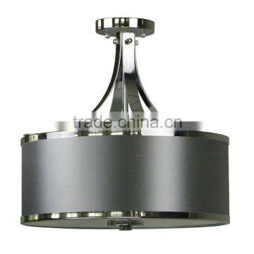 3 light semi-flush ceiling light(Lampara de techo) in chrome finish with a large, dramatic round 16" grey fabric shade