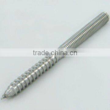 Double thread stud with wood screw