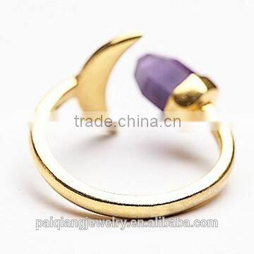 Gold Plated Fashion Simple Amethyst Stone Crescent Moon Druzy Ring photo-2