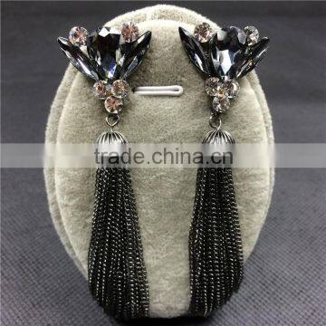 Fashion Crystal Flower Earrings Gun Black Long Tassel Stud Earrings photo-6