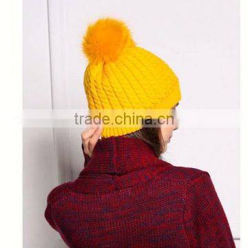 Hot Selling Crochet Wool Hat with Real Fox Fur Pom poms For Cute Gilrs