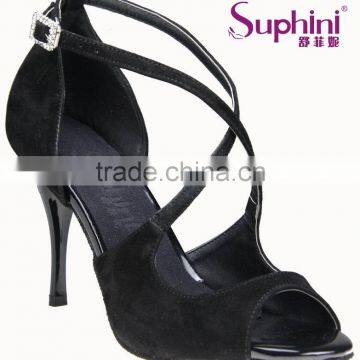 Suphini Black Leather Satin High Heel Latin Dance Shoes