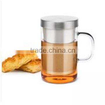 Promotion gifts! Heat-resistant borosilicate glass tea cup with stainless steel filter and lid.in stock.