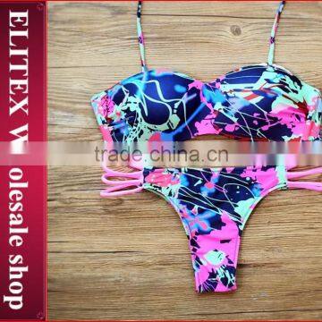 2017 Newest Green Leaves Top Dark Blue Bottom Sexy Print Swimwear Bikini CK378 photo-5