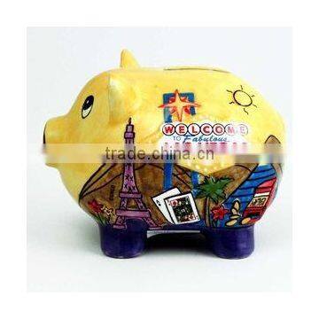Ceramic Hand Painted Las Vegas Piggy Bank Yellow Puff photo-2