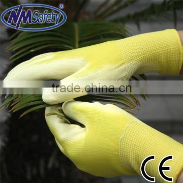 NMSAFETY 13gauge china yellow polyester/nylon garden safe glove en388 4131 gloves