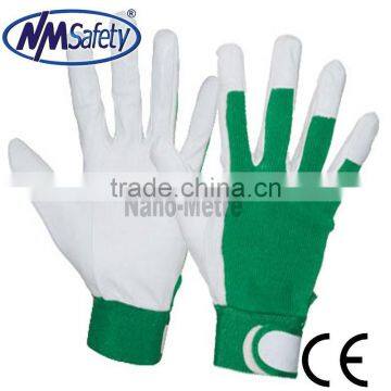 NMSAFETY synthetic leather gloves green fabric work glvoes with magic buckle